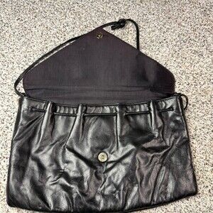 Mardane Black Leather Clutch Shoulder Bag Drawstring Top Gold Tone Womens